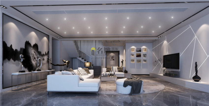 
别墅装修效果图与实景照对比_485平米现代简约风